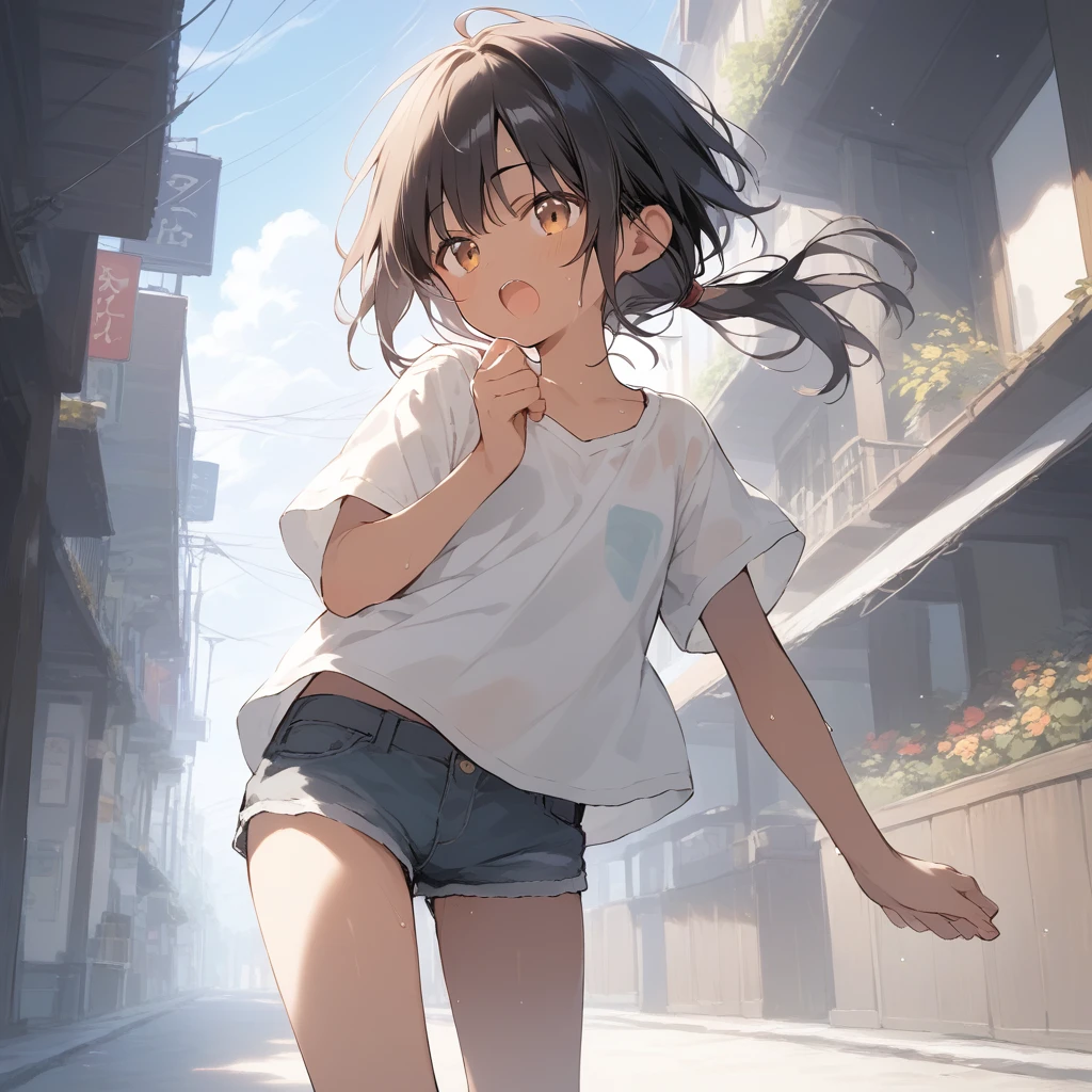 score_9, score_8_up, score_7_up, source_anime, best quality, masterpiece, official art, absurdres, highres, ultra-detailed,waifu2x,Collection: Slice of Life,break,1girl, tomboy, dark-skinned female, short hair, low ponytail, flat chest, beautiful detailed eyes, short shorts, sweat, open mouth, (yawn:0.3), sleepily, outdoors, wind,break,(clear line illustration:1.2), super detailed skin,very high resolution, very aesthetic, Best sexual lighting powered by famous artist, 8k,cute picture,beauty illustration,photoshop_(medium),,(Detailed Lighting),best anime 8k konachan wallpaper, pixiv contest winner,