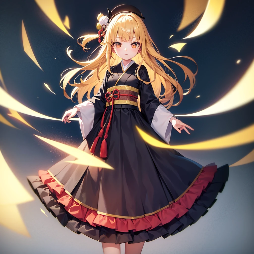 ((Japanese clothing)),((Lolita Fashion)),((mini skirt)),Cute little ,Tiny ,Small girl,,Childish face, Very fine clean face,Top quality,Straight Hair,Yellow hair,(Dark Room), Subtle light, Natural light,Soft lighting,Light from directly behind,(Open your hands), (Are standing),Front view,Black background