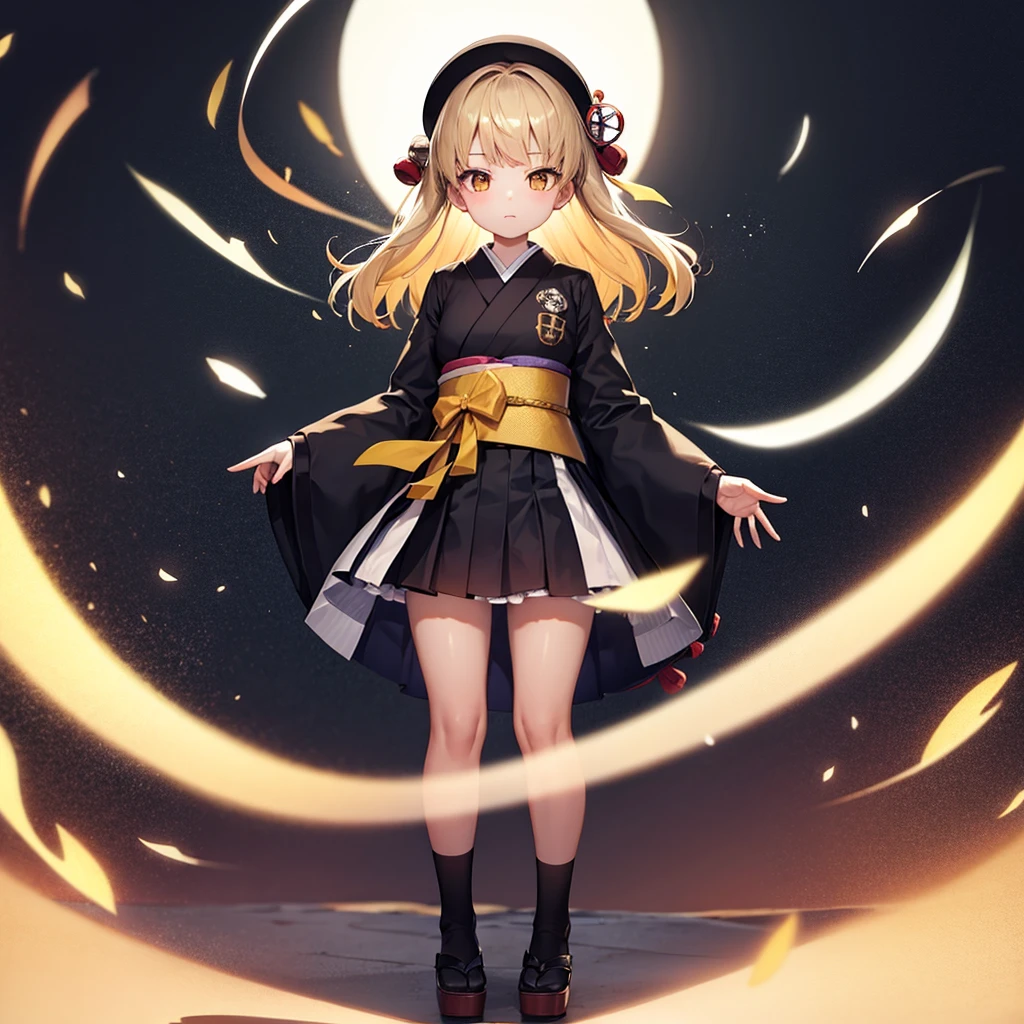 ((Japanese clothing)),((ta Fashion)),((mini skirt)),Cute little ,Tiny ,Small girl,,Childish face, Very fine clean face,Top quality,Straight Hair,Yellow hair,(Dark Room), Subtle light, Natural light,Soft lighting,Light from directly behind,(Open your hands), (Are standing),Front view,Black background