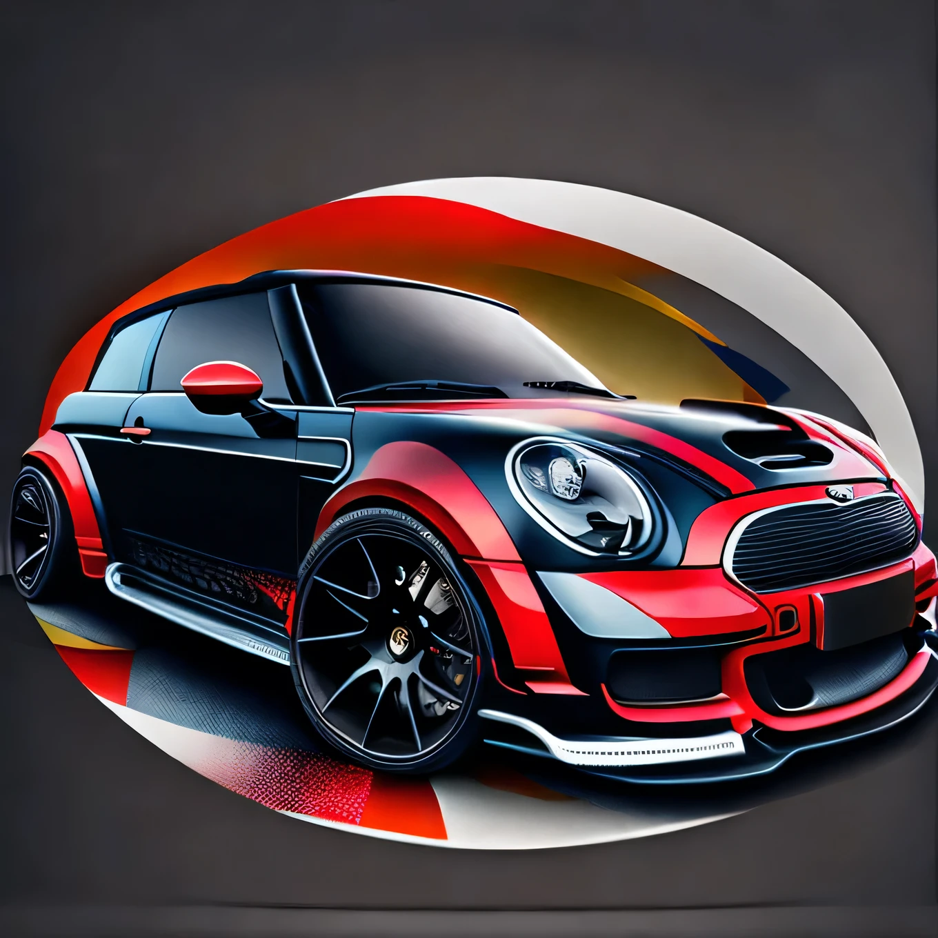 Circular t-shirt design, faded background edges, Classic London buildings background, swirly vibrant colors, Art for t-shirt graphic design, black and red roof colored glossy r56 Mini Cooper S, shocking colorful painting, swirly vibrant colors altamente detalhadas k, sharp high contrast high saturated , Aggressive pose, realistic realism sharp detailed ultrawide black and carbon fiber and deep color scheme side profile epic stance epic ultrawide body kit aggressive looking vector image with faded backgrounds border