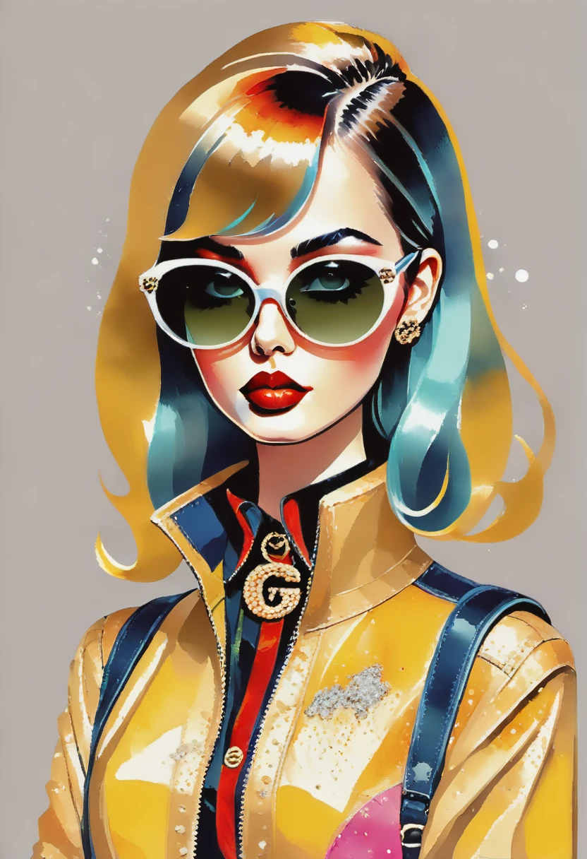 16Yk portrait painting illustration made with acrylic paint, spray paint, stickers, rhinestones, gucci, moschino, editorial fashion, neon and cream color palette, aestheticism, academic style, standing pose, facing viewer, beautiful eyes, emotionless facial expression, juicy lips, retro and modern editorial fashion juxtaposition —no glasses, sunglasses, deformed body, missing limbs, backwards body, long neck, stretched neck, deformed hands, deformed fingers, water mark, signature, extra fingers, missing fingers  —stylize 550