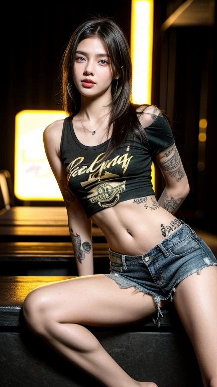 young girl (21 years old), (perfect face.), fit the body (tattoo designs), (rock style), (green eyes), (full body close up), (tired: black band shirt, Torn jeans shorts), (gold color, short straight hair ), (medium sized, stomach wide open, model, Sagging breasts, Hard nipples.), (The back is a nightclub style.....) military booth shoes