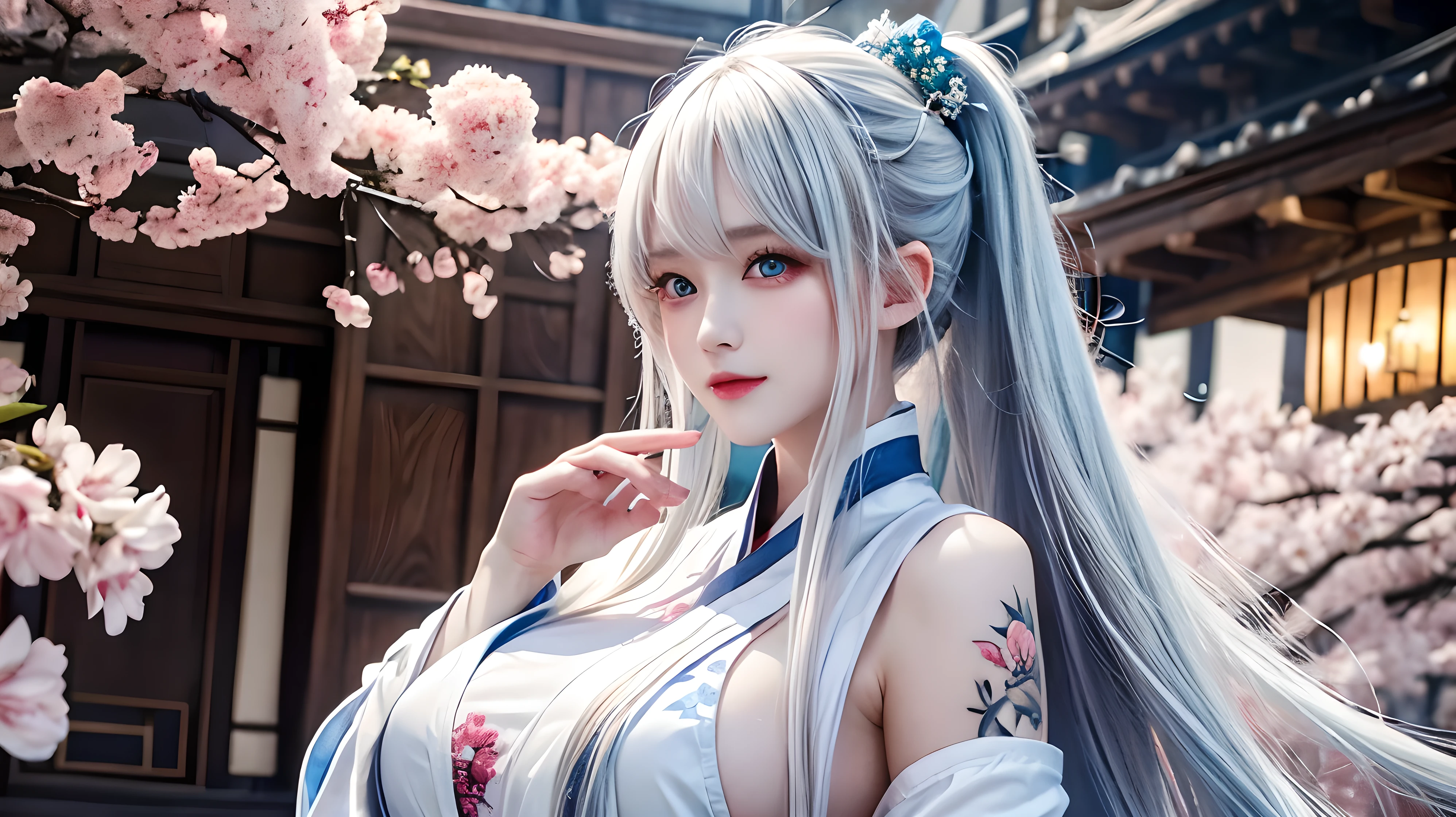 Extremely ridiculous，Huge file size，Super detailed，Heir，The content is very detailed，best quality，masterpiece，extremely delicate and beautiful，The content is very detailed，CG，，8k wallpaper，surprising，detailed，masterpiece，best quality，official art，Extremely detailedCGunity8k wallpaper，upper part of body，masterpiece，need，Realism，high resolution，long gray hair，high ponytail，pink hair accessories，Jewelry Hair Clip Enhancement，Rocks by the river、temple or bridge，Chinese style，hanfu，Browse，There is a deep，There is light in the chest，looming，extremely delicate and beautiful，Exquisite clavicle and beautiful makeup，Exquisite and perfect facial features，looking at the audience，photon mapping， radio city， Physically based rendering， above waist，smile very happily，huge