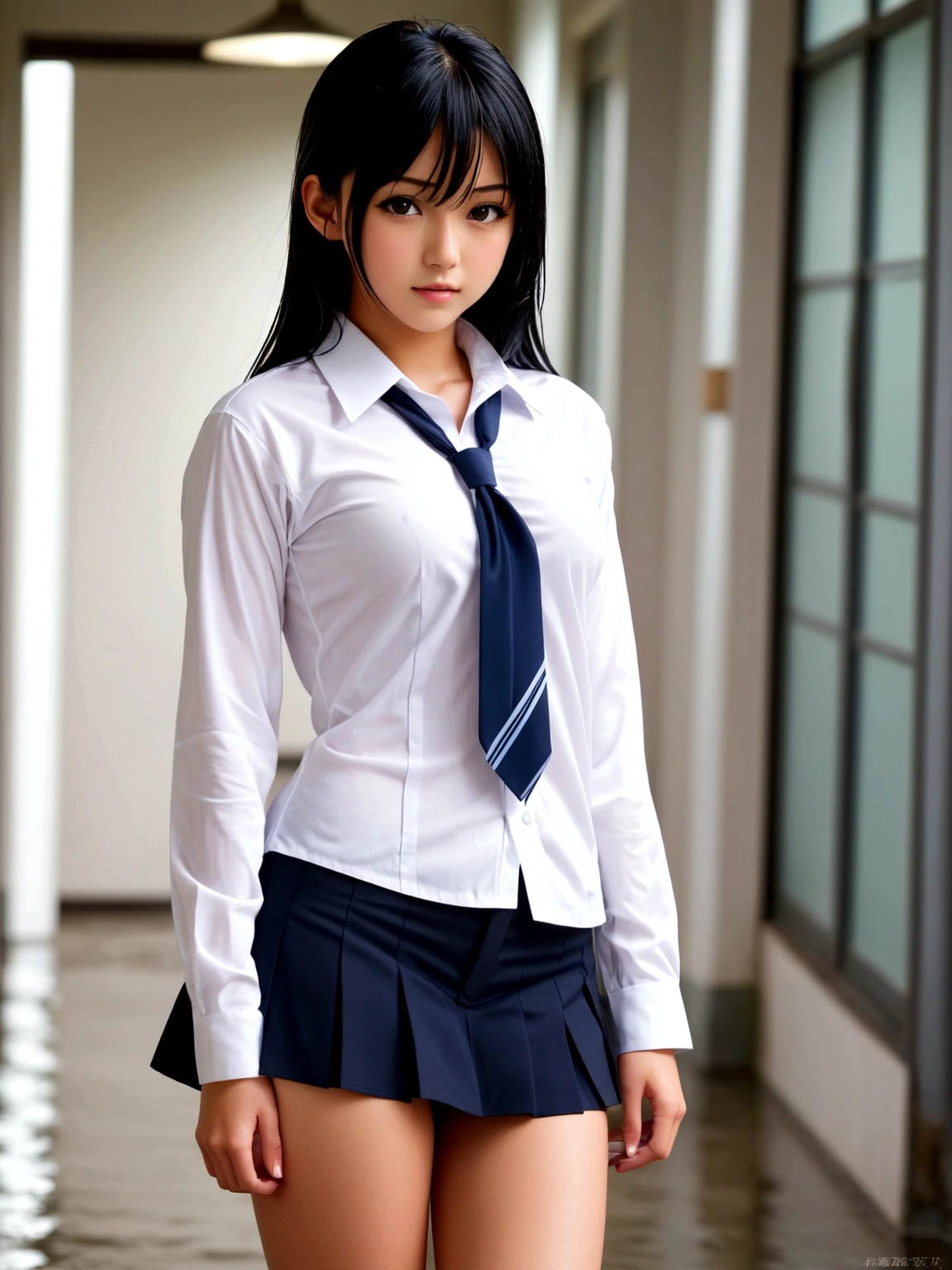 Nipples visible from white shirt, wet shirt, no panties, full body figure, black hair long straight, high school student, uniform, sexy, bra, Japan person, ,