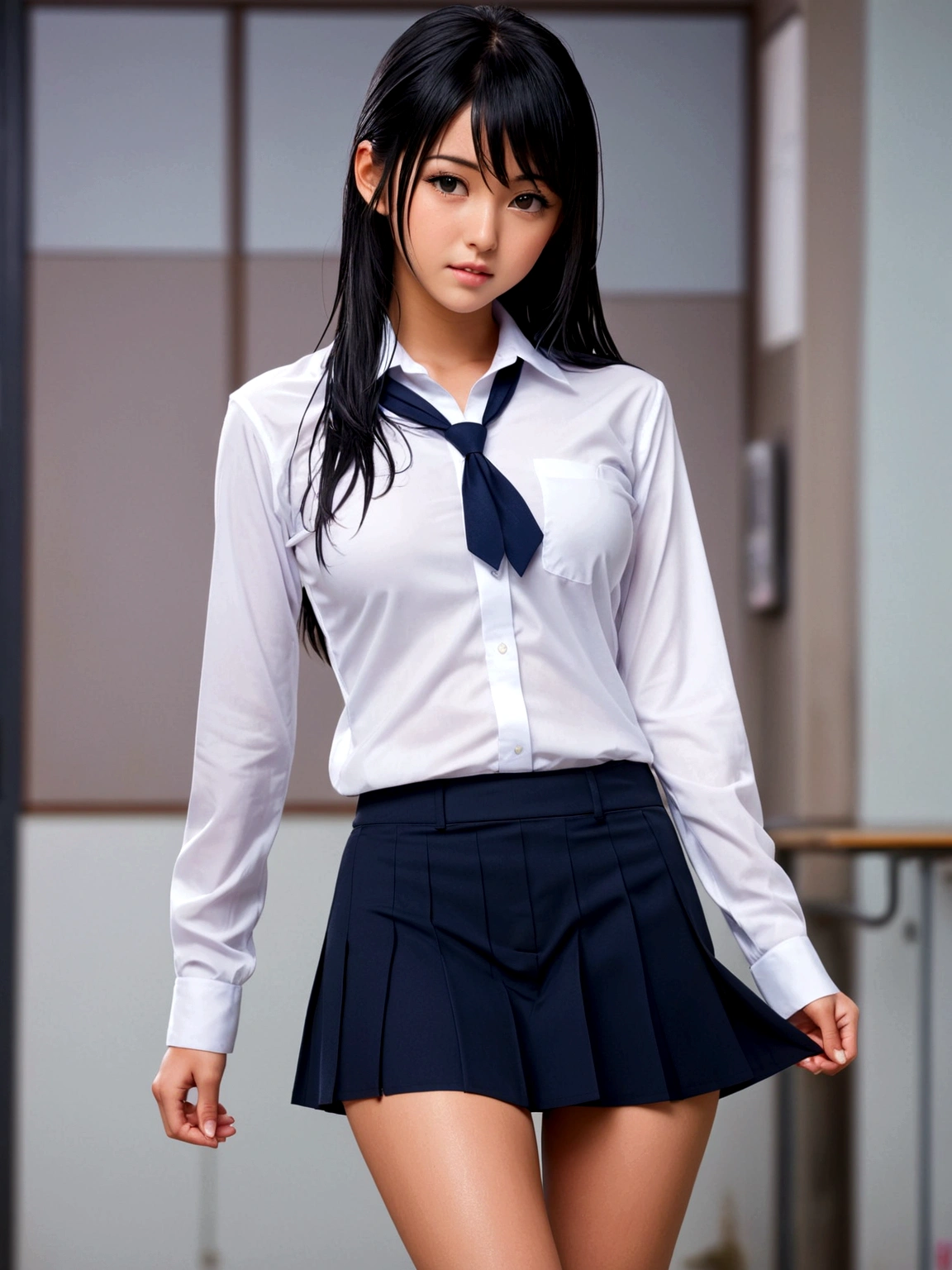 Nipples visible from white shirt, wet shirt, no panties, full body figure, black hair long straight, high school student, uniform, sexy, bra, Japan person, 17 years old,
