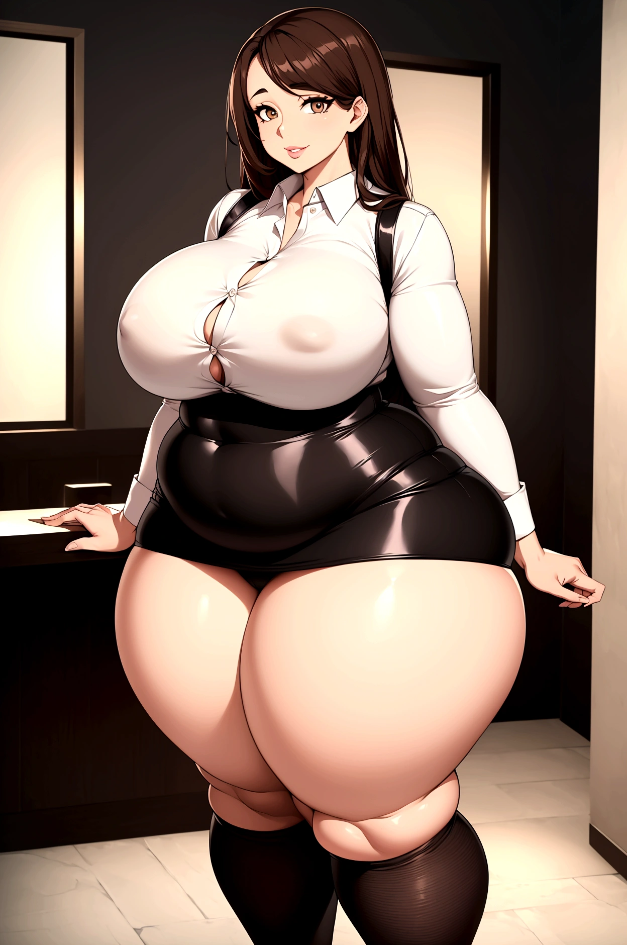 ((high aesthetic)), art by kipteitei, absurdres, absurd resolution, highly rated, highres, art by kipteitei, high resolution, best quality, masterpiece, full body, (facing viewer), 1girl, ((solo)), indoors, clothed, perfect face, perfect eyes, neneneji, tight outfit, smile, natural skin texture, 4k textures, hdr, intricate, highly detailed, puffy lips, thick lips, hyperdetailed, mature female, Brown hair, long hair, brown eyes, tan skin, white button up shirt, black skirt, weightimmobile(wide hips, massive thighs, big breasts, gigantic ass), obese, plump