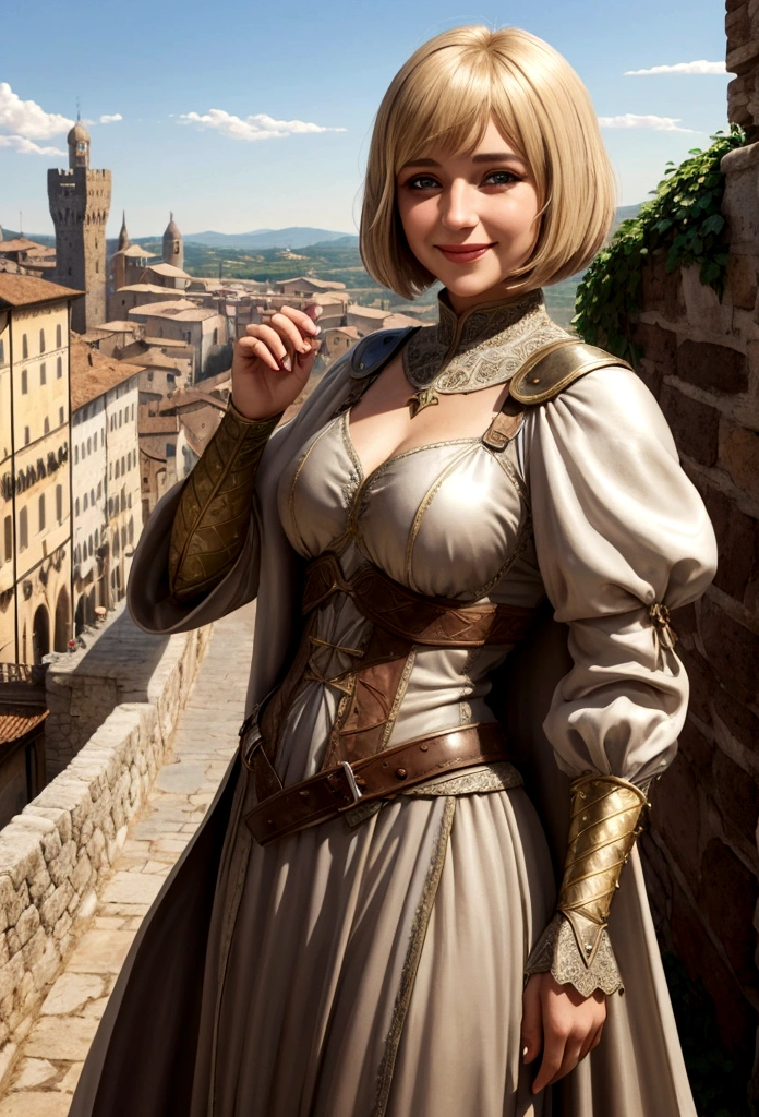 1 female woman, italian face, fantasy, 30 years, she is wearing brown cheap medieval clothes, she has blond bobcut hair, she has grey eyes, she is smiling, town in the background, fantasy, she has one angelic big wing white, flat chest