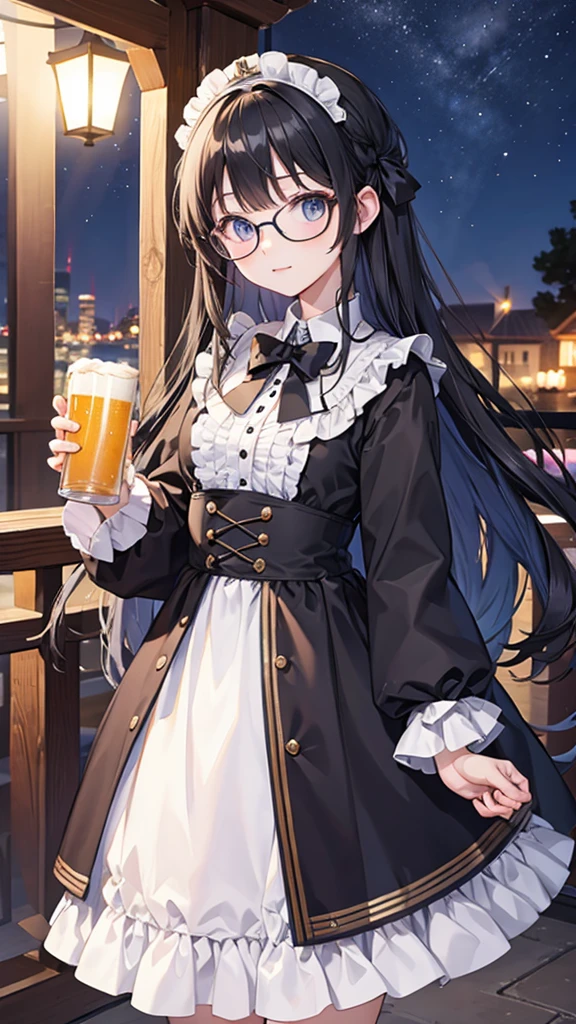 masterpiece, Highest quality, cheers,Black Hair,Long Hair,Straight Hair,Glasses,ta Clothing,Night Sky,beer garden,thick line touch