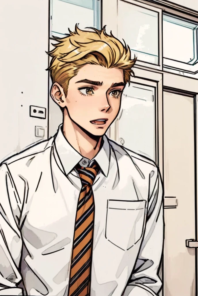 there is a man in a tie standing in a room, archie andrews, archie comic style, betty cooper, peter parker, russell dauterman, digitally colored, kentaro miura manga art style, handsome guy in demon slayer art, coloured manga scan, kentaro miura manga style, colored manga panel, high quality colored sketch, rukis. comic book style