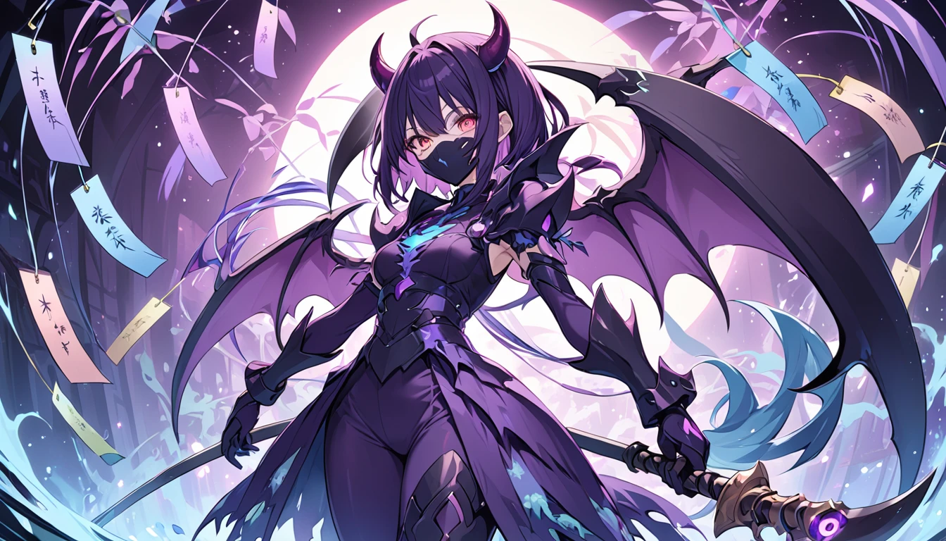 Short black haired girl with purple eyes wearing clothes with parts of medieval armor,dragon horns on the head,dragon wings and dragon tail