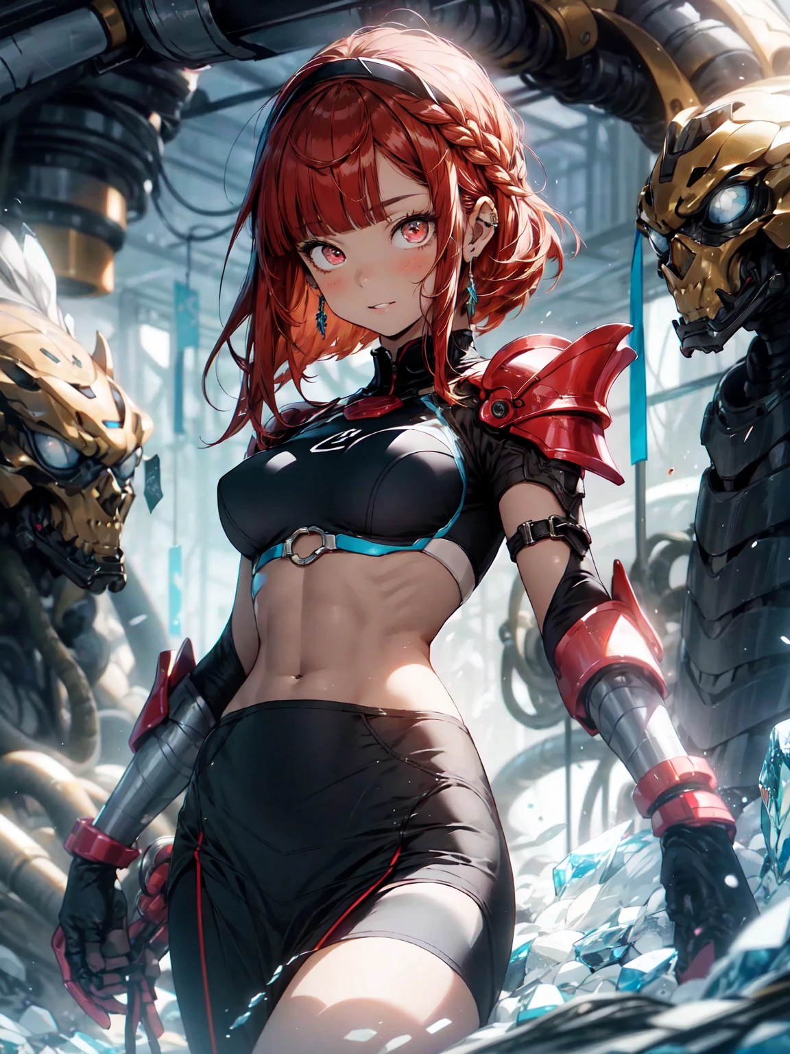 Be realistic,(masterpiece,Highest quality,Highest quality,Very detailed,Fractal Art,Most detailed,(Abstract background:1.5)(1 Girl),Kamimei,(Hair length),( puppet, Red eyes, Pale skin, Redhead, Long Hair, Blunt bangs, Braiding,Big Breasts、Toned Abs,Stunned)、crystallization,Swimsuit、High leg、Sexy、Machine Armor、Sunburned skin、(Black pencil skirt)