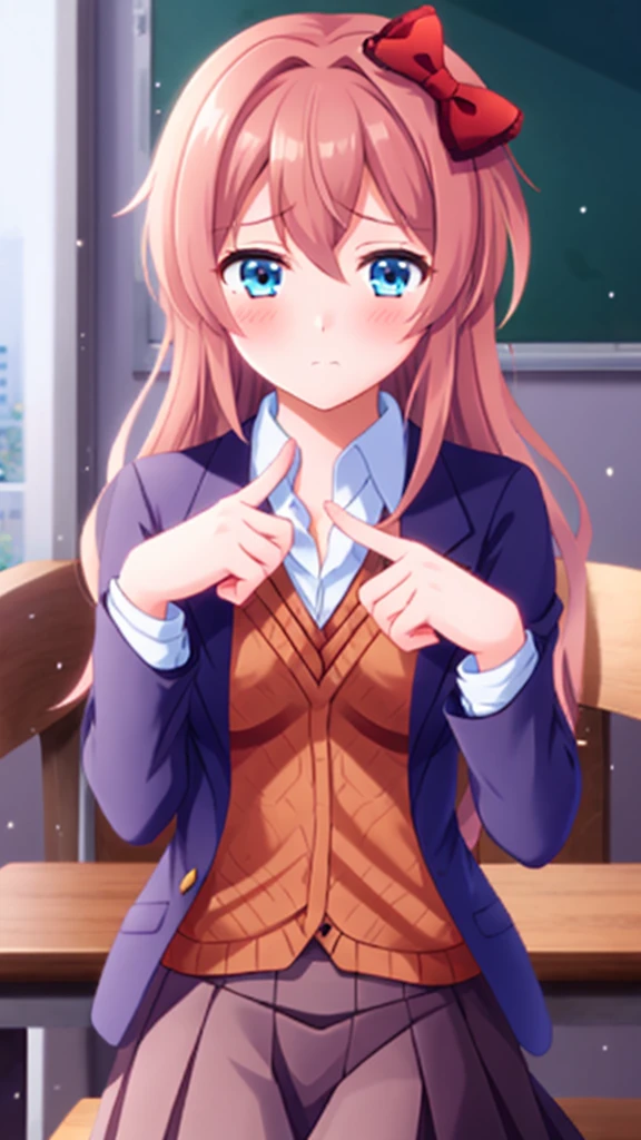 one girl, Sayori, DDLC, Doki Doki Literature Club, hair bow, shifty eyes, school blazer, light blue eyes, index fingers together, blush