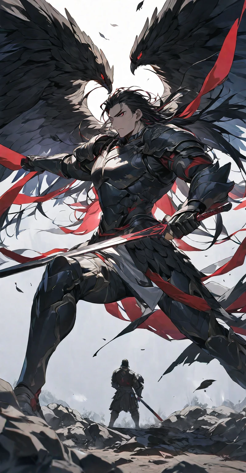 Best quality, one, beautiful, 1 man, tall man, with a sporty body, V-shaped body, wide shoulders, black detailed armour with bright white details, 10 black feathered wings, long hair, black hair covered with dirt and charcoal, neon white pupils (white eyes), the man has a huge sword in his hand, in a fighting position, against the background of Black miasma with shades of red