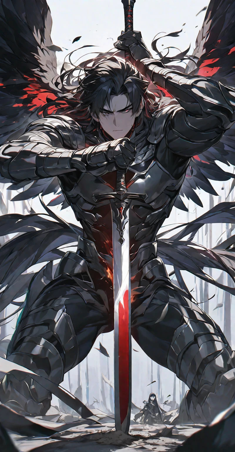 Best quality, one, beautiful, 1 man, tall man, with a sporty body, V-shaped body, wide shoulders, black detailed armour with bright white details, 10 black feathered wings, long hair, black hair covered with dirt and charcoal, neon white pupils (white eyes), the man has a huge sword in his hand, in a fighting position, against the background of Black miasma with shades of red