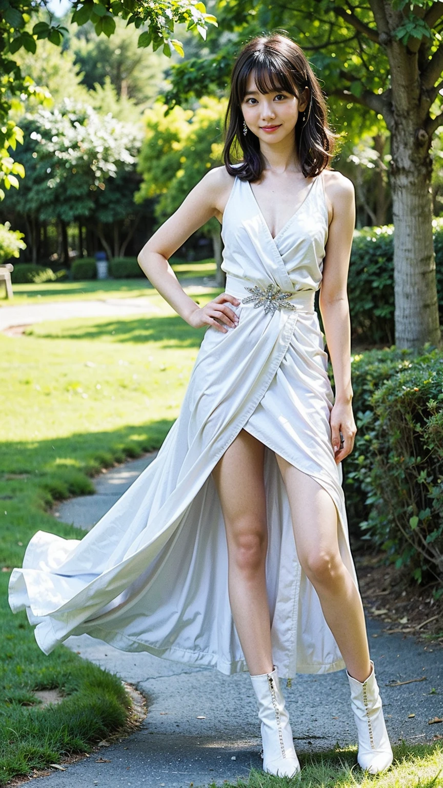 1 female々,(Standing posture), (Long, straight legs:2.0),(Height 2/3 is the foot:2.0),White, shiny skin, Age 25, A small, elegant face, Red lips, ( Hair parted to one side:1.5), blue eyes, smile, Elegant young woman, (Purple silk dress and mid-length skirt:1.3), (pumps:1.2), Almond Eye,Slender figure, Tight waist, Beautiful Hands, Delicate shoulders, View here,Daytime woods