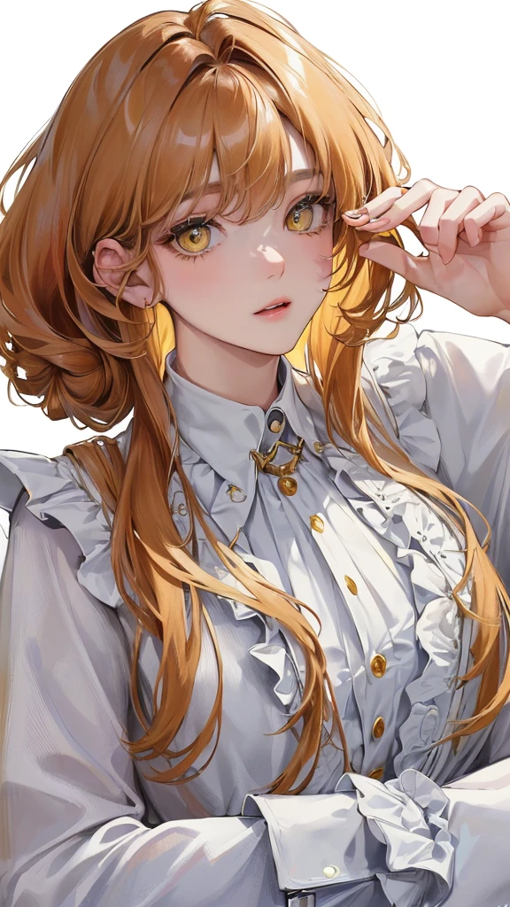 (Top resolution、Distinct_image)top-quality、femele、masterpiece、highly detailed、Semi-realistic、yellow eyes、18year old、young、cool clothing、Exquisite facial features、Facial features、unique hairstyle, variations, potrait, white background, ginger hair , long curve hairstyles, white blouse, wear a brown coat on top