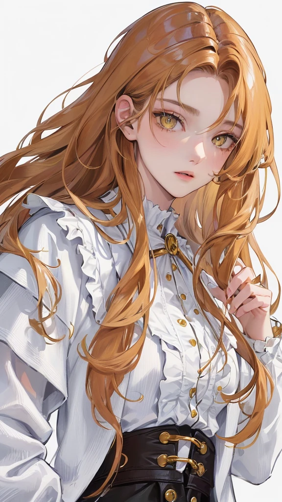 (Top resolution、Distinct_image)top-quality、femele、masterpiece、highly detailed、Semi-realistic、yellow eyes、18year old、young、cool clothing、Exquisite facial features、Facial features、unique hairstyle, variations, potrait, white background, ginger hair , long curve hairstyles, white blouse, wear a brown coat on top
