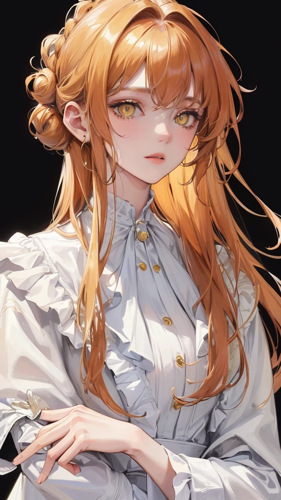 (Top resolution、Distinct_image)top-quality、femele、masterpiece、highly detailed、Semi-realistic、yellow eyes、18year old、young、cool clothing、Exquisite facial features、Facial features、unique hairstyle, variations, potrait, white background, ginger hair , long curve hairstyles, white blouse, wear a brown coat on top