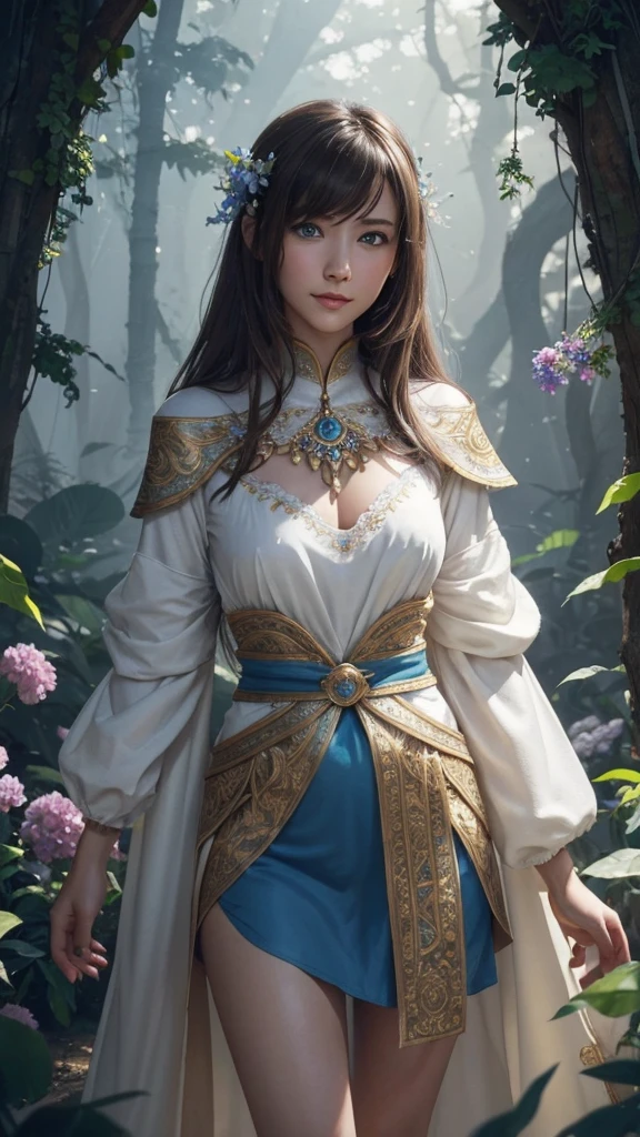 hightquality、in 8K、Ulutra HD、fullllbody、1 16-year-old female、Gentle smile、Rich facial expressions、beauty legs、robe blanche、light brown hair、Blue eyes、(Lovely healing forest and wildflowers in the background々)、Soft light、cute little、Beautiful fece、portlate、art by:Alberto Seveso、Abstract art style、Complex and intricate watercolor painting 、digitial painting、concept-art、Volumetric lighting、TanvirTamim、metal reflective、2d render、Alt Germ Style、Trending on ArtStation