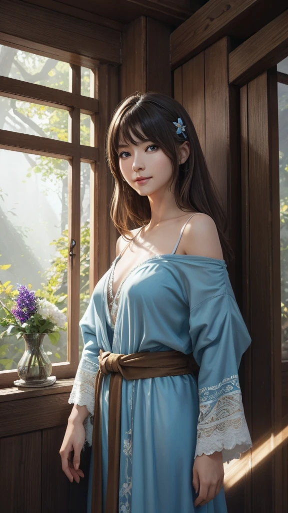 hightquality、in 8K、Ulutra HD、fullllbody、1 16-year-old female、Gentle smile、Rich facial expressions、beauty legs、robe blanche、light brown hair、Blue eyes、(Lovely healing forest and wildflowers in the background々)、Soft light、cute little、Beautiful fece、portlate、art by:Alberto Seveso、Abstract art style、Complex and intricate watercolor painting 、digitial painting、concept-art、Volumetric lighting、TanvirTamim、metal reflective、2d render、Alt Germ Style、Trending on ArtStation