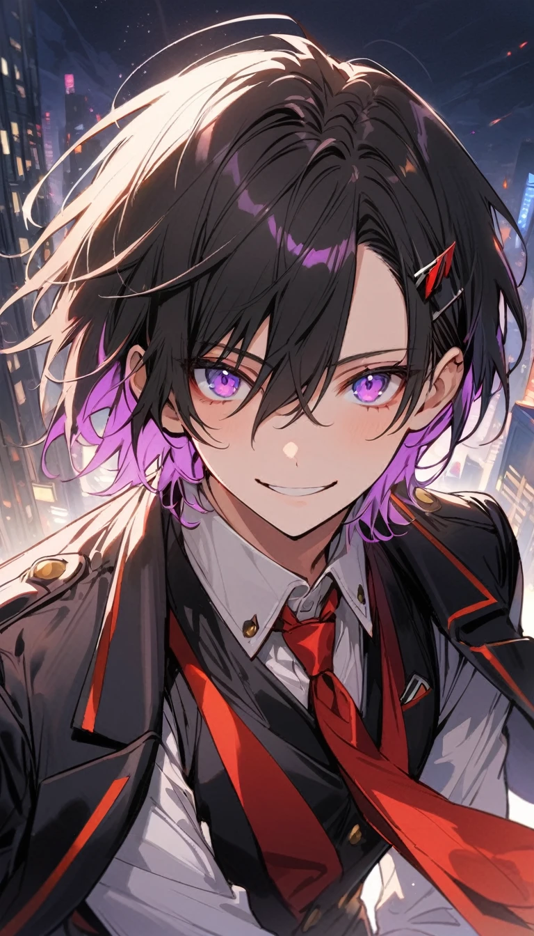 good looking, alone, 1 male, short hair, Smile Facial,1. Boy with black and purple hair, Moderate height, Slim body, Black lining,good looking, short hair, Black Hair, Rainbow Hair, Purple eyes, Black light,smile、, Bright, sharp eyes illuminate the scene,uniform,Fewer accessories,(masterpiece, Highest quality), Yishang_edge, Default_Costume, One boy, alone, Red tie, Black jacket, Black vest, Jacket on shoulders, White shirt, Collared shirt,View your viewers, city, night, From below,Face close-up,Only from the shoulders up