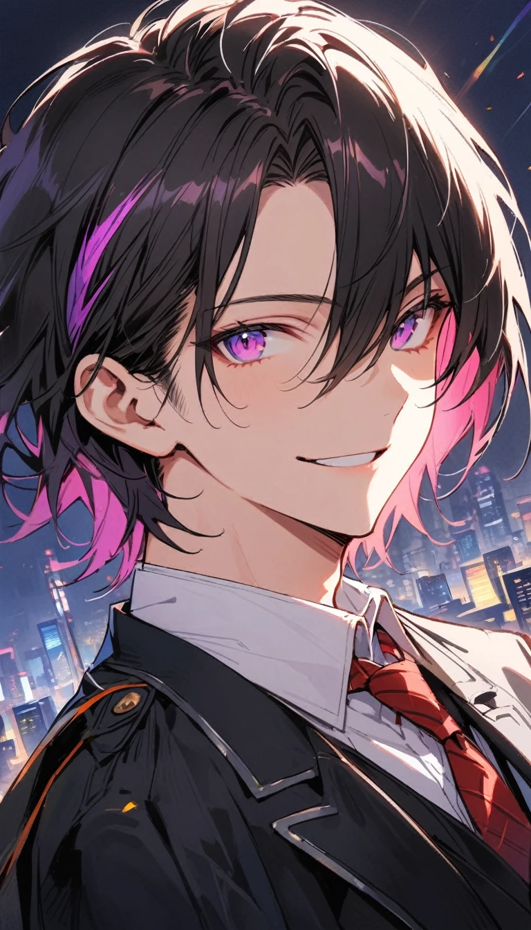 good looking, alone, 1 male, short hair,  Smile Facial,1. Boy with black and purple hair,  Moderate height, Slim body, Black lining,good looking, short hair, Black Hair, Rainbow Hair, Purple eyes, Black light,smile、, Bright, sharp eyes illuminate the scene,uniform,Fewer accessories,(masterpiece, Highest quality), Yishang_edge, Default_Costume, One boy, alone, Red tie, Black jacket, Black vest, Jacket on shoulders, White shirt, Collared shirt,View your viewers, city, night, From below,Face close-up,Only from the shoulders up