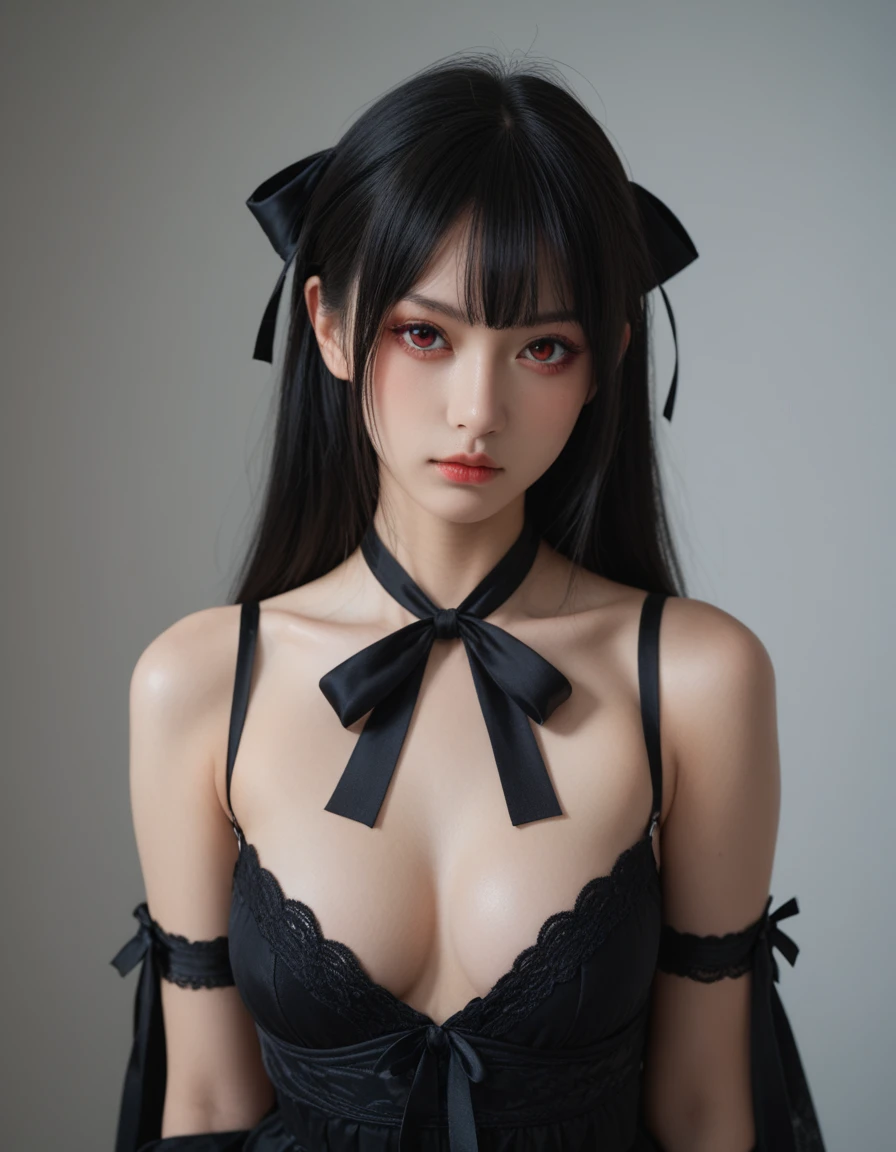 score_9, score_8_up, score_7_up,high quality,1 japanese girl, gothic atmosphere, ribbon ,(NSFW:1.5), breasts ,(red and black hair:1.5)