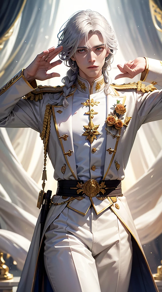 young noble man, silver hair, light yellow eyes, tall and handsome body posture, handsome face, European nobleman, white noble uniform,  His shirt has a royal unicorn logo on it. pose holding a rose while saluting the nobleman, mansion background. HD color and balance, dark atmosphere with many effects.