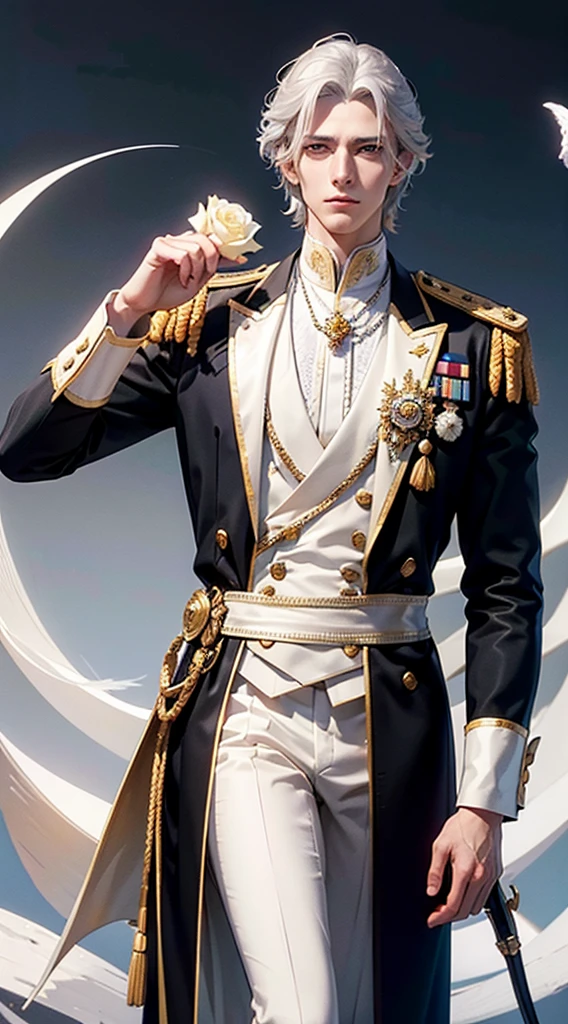 Best Quality, 4K, Masterpiece, Male, Short Hair, Handsome, Mature, Gentle, Handsome, Very Light Brown Hair, Very Light Blue Eyes, Raised Eyebrows, Face Focus, Portraiture, Delicate Facial Features, Face Magnification, Face Focus, Black Uniform, White Gloves, Arm Holding Pose, Artistic Lighting, Face Portrait