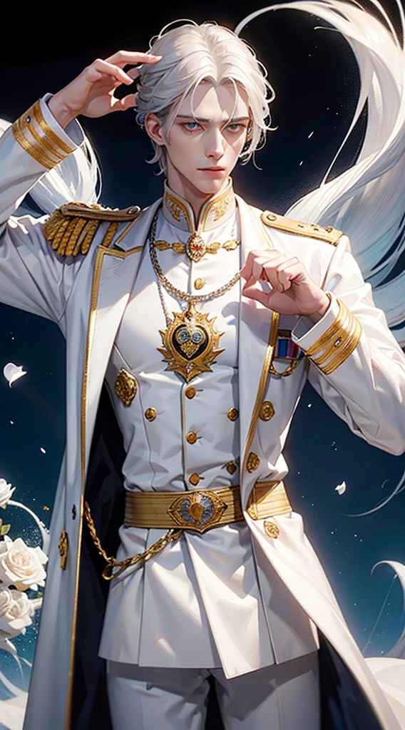 young noble man, silver hair, light yellow eyes, tall and handsome body posture, handsome face, European nobleman, white noble uniform, His shirt has a royal unicorn logo on it. pose holding a rose while saluting the nobleman, mansion background. HD color and balance, dark atmosphere with many effects.