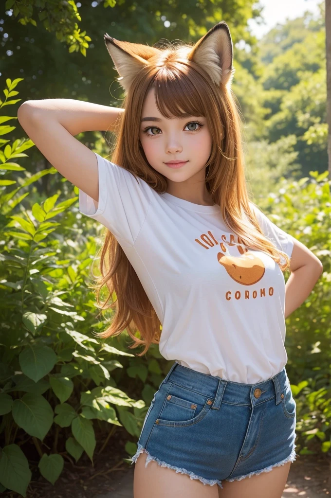 An illustration of a anthropomorphic fox girl. She has vibrant orange fur and bushy tail, coupled with twinkling green eyes and ears perked up, exhibiting a sense of youthful energy. Dressed in a simple and comfortable outfit suitable for her age, such as a cotton t-shirt and blue jeans, she is seen playfully striking a pose. The scenery is summery and fitting for her playful demeanor, filled with lush green trees and a clear sky. The setting sun casts a golden glow around her, adding a charming touch.