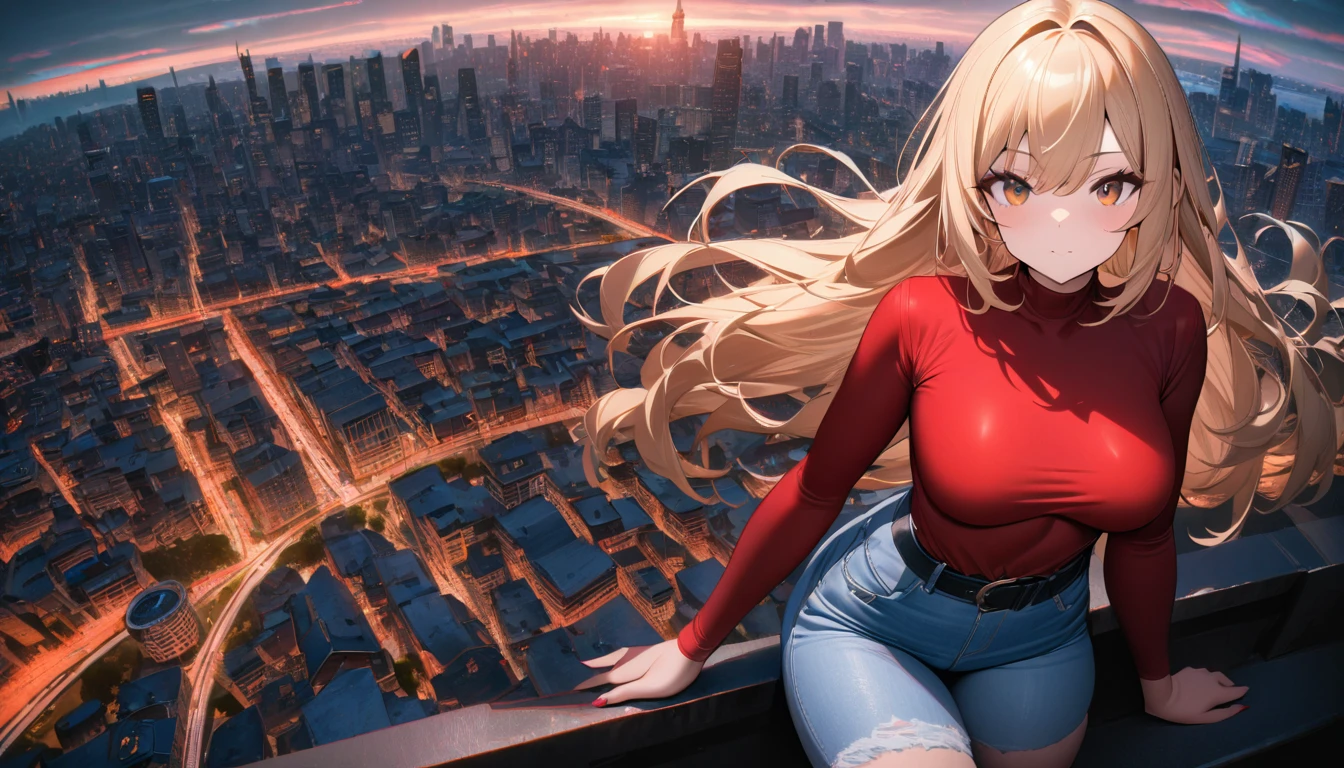 1girl, waist length blond hair, brown eyes, wearing red shirt, light denim jeans with black belt, knee high black boots, city, absurdres, high res, ultrasharp, 8K, masterpiece, looking at viewer