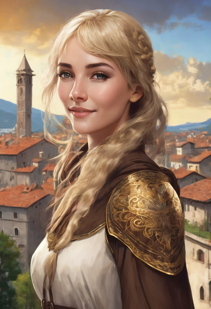 1 female woman, italian face, fantasy, 30 years, she is wearing brown cheap medieval clothes, she has blond bobcut hair, she has grey eyes, she is smiling, town in the background, fantasy, she has one angelic big wing white, flat chest