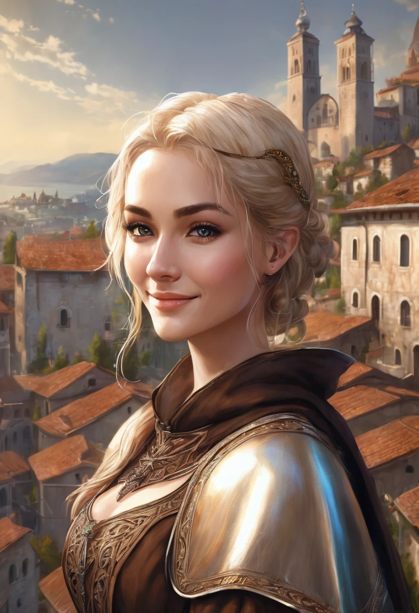 1 female woman, italian face, fantasy, 30 years, she is wearing brown cheap medieval clothes, she has blond bobcut hair, she has grey eyes, she is smiling, town in the background, fantasy, she has one angelic big wing white, flat chest