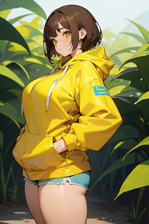 One girl, short brown hair, yellow eyes, cool face, 80% yellow and 20% blue hoodie, short pants, huge breasts, huge , thick thighs, Hands in pockets, Background is nature to match yellow fashion