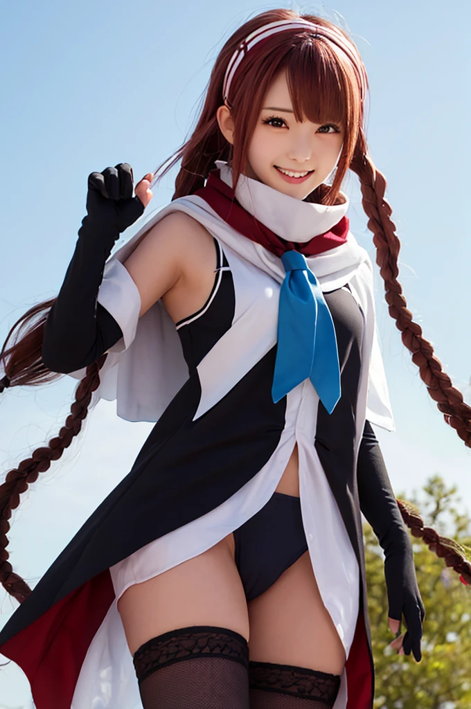 Highest quality, masterpiece, High resolution, 一人in, {Sichuan wind_Kantai Collection:1.15}, length_hair, red_hair, ribbon, hairband, hair_ribbon, 前hair, Ahoge, twintails, Side Lock, low_twintails, asymmetrical_前hair, very_length_hair, smile, green_eye, Seraphim, Sleeveless, hair_flap, 1 Girl, black_gloves, Braiding, Cape, elbow_gloves, fingerless_gloves, gloves, looking for_in_Audience, scarf, School_uniform, twin_Braidings, yellow_eye, neckerchief, skirt, torpedo, mechanical, Open_mouth, pleined_skirtリフト, (panties)
