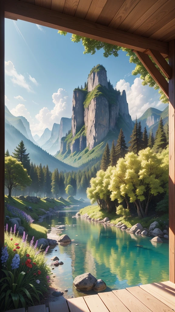 (best quality, 4k, highres, masterpiece:1.2),vibrant summer landscape, scenic nature beauty, filled with lush greenery and colorful flowers,sunlight meadows, gentle breeze rustling through the trees, crystal clear river flowing peacefully,azure sky with fluffy clouds, distant mountains towering in the horizon, breathtaking view in every direction, tranquil and serene atmosphere, photorealistic rendering that captures every detail, immersive colors and textures,hdr lighting that accentuates the natural beauty of the scene
