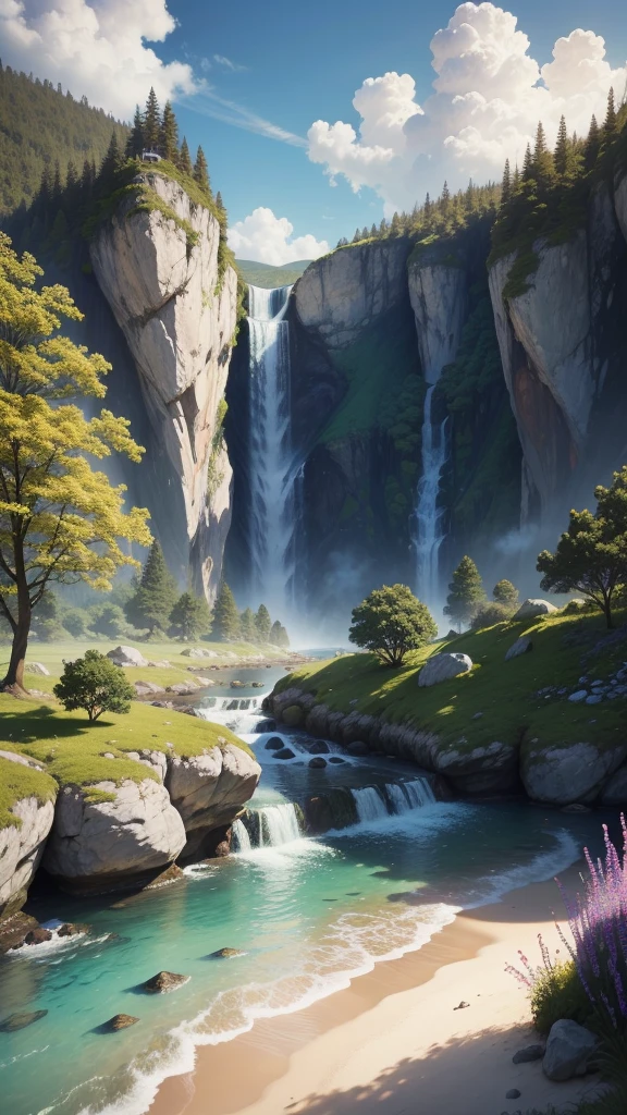 (best quality, 4k, highres, masterpiece:1.2),vibrant summer landscape, scenic nature beauty, filled with lush greenery and colorful flowers,sunlight meadows, gentle breeze rustling through the trees, crystal clear river flowing peacefully,azure sky with fluffy clouds, distant mountains towering in the horizon, breathtaking view in every direction, tranquil and serene atmosphere, photorealistic rendering that captures every detail, immersive colors and textures,hdr lighting that accentuates the natural beauty of the scene