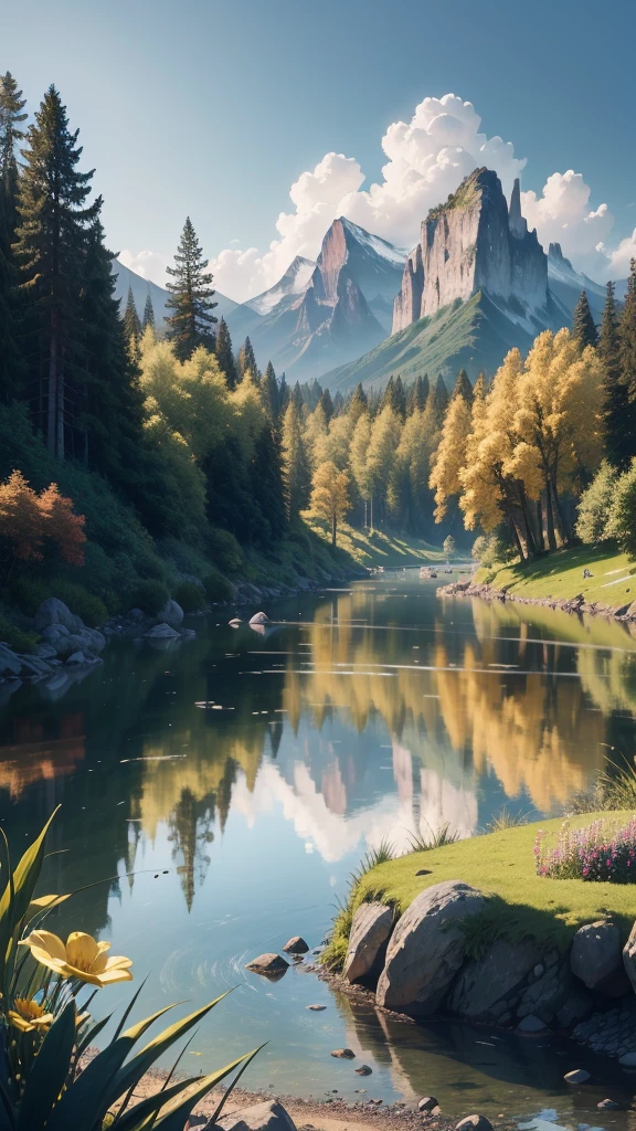 (best quality, 4k, highres, masterpiece:1.2),vibrant summer landscape, scenic nature beauty, filled with lush greenery and colorful flowers,sunlight meadows, gentle breeze rustling through the trees, crystal clear river flowing peacefully,azure sky with fluffy clouds, distant mountains towering in the horizon, breathtaking view in every direction, tranquil and serene atmosphere, photorealistic rendering that captures every detail, immersive colors and textures,hdr lighting that accentuates the natural beauty of the scene