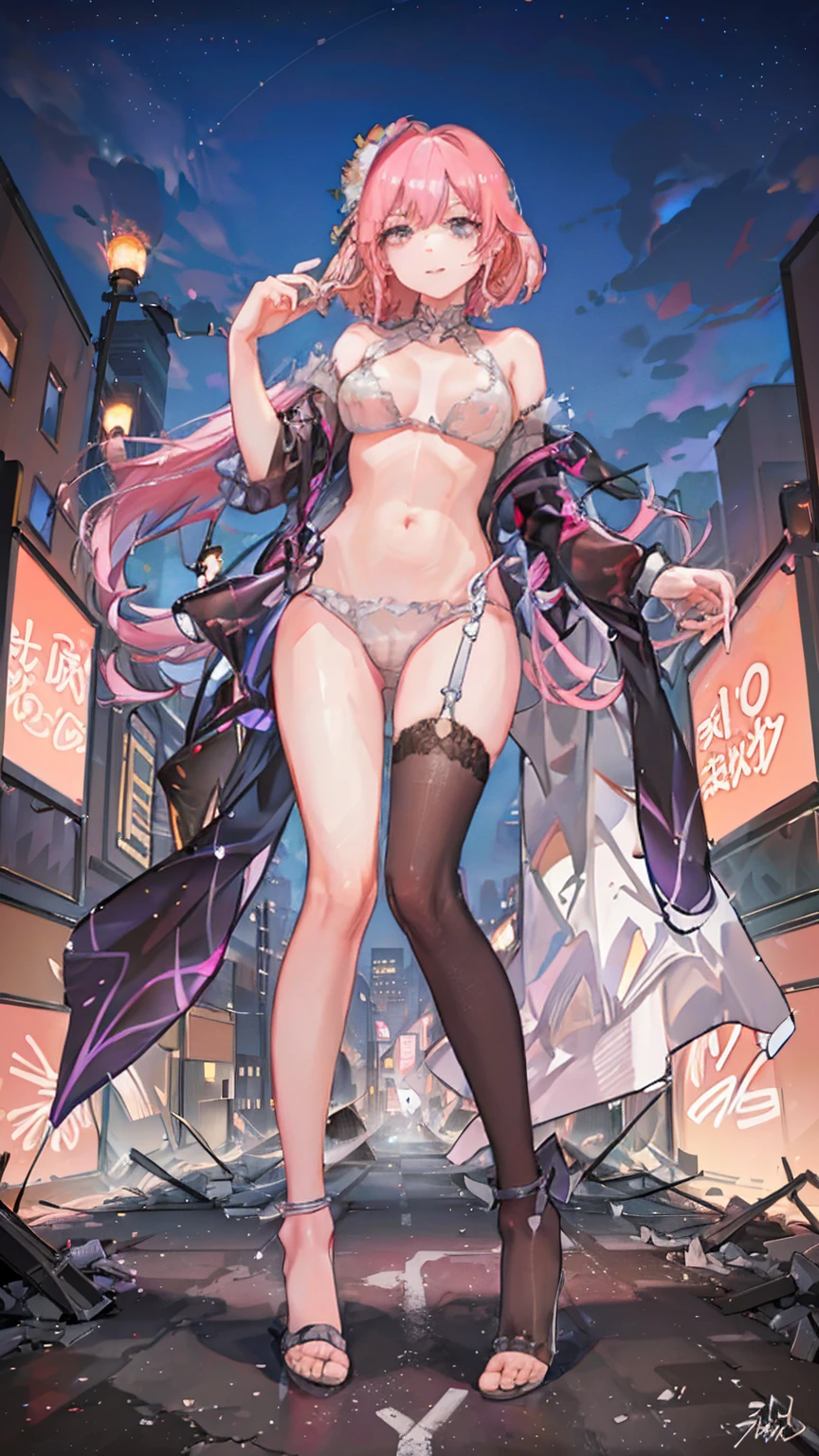 In a vibrant city, from a rooftop view, the Giantess Goddess with vivid pink skin and sparkling silver eyes creates chaos in a neon-lit outfit. Her playful steps cause tremors, and she delights in plucking people from the streets, their panic and pain adding to her cruel pleasure.