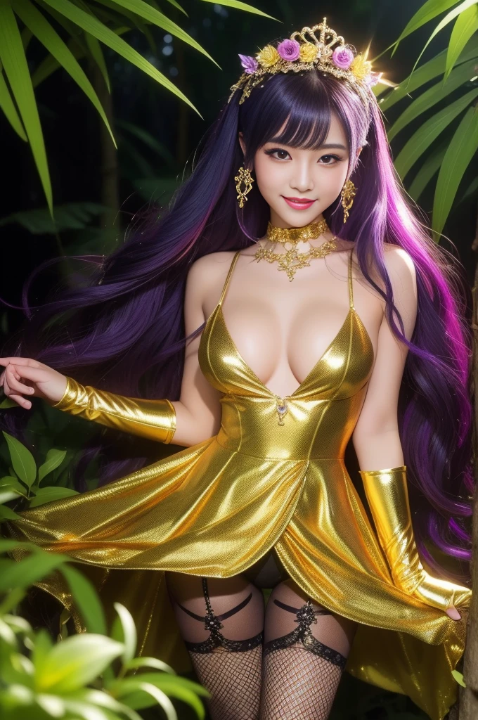 sexy golden princess who controls poison、beautiful smile、lipgloss、long lashes、intense makeup、look at the camera、full body Esbian、、sparkling poisoned flower costume、、、、shiny sparkling multicolor hair、secrete poison、skull hair accessories、fishnet tights、shiny sparkling dark magic forest background