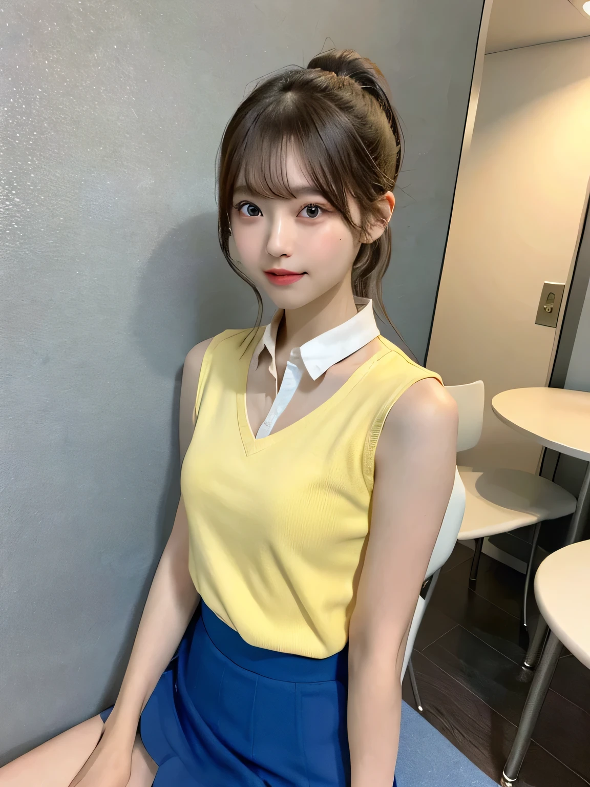 One person、、Full body photo,slender、woman、White drool coming out of the mouth、smile、、Short Ponytail、 Fair skinned and super cute、Soft and Face、8K resolution、Surreal、Ultra high definition、 A-cup small breasts((Highest resolution、8K、masterpiece:1.3))、Ultra-fine face、Ultra Fine Lips、Beautiful Eyes、double eyelid,Blue Wall、Yellow polo shirt with sleeveless collar、White Skirt、Thighs、thin,Thighsが見える、Shapely small breasts、sexy、So cute!,Sitting in a chair、Thighsが見える、