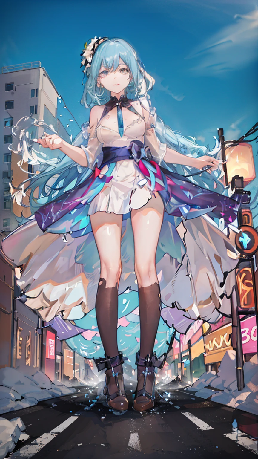 Amidst a neon-lit cityscape, seen from a busy intersection, the Giantess Goddess with translucent skin and multi-colored eyes moves with ethereal grace in a glowing, holographic dress. Normal-sized humans are caught in her path, their cries of pain and fear only fueling her otherworldly delight as she crushes them underfoot.

