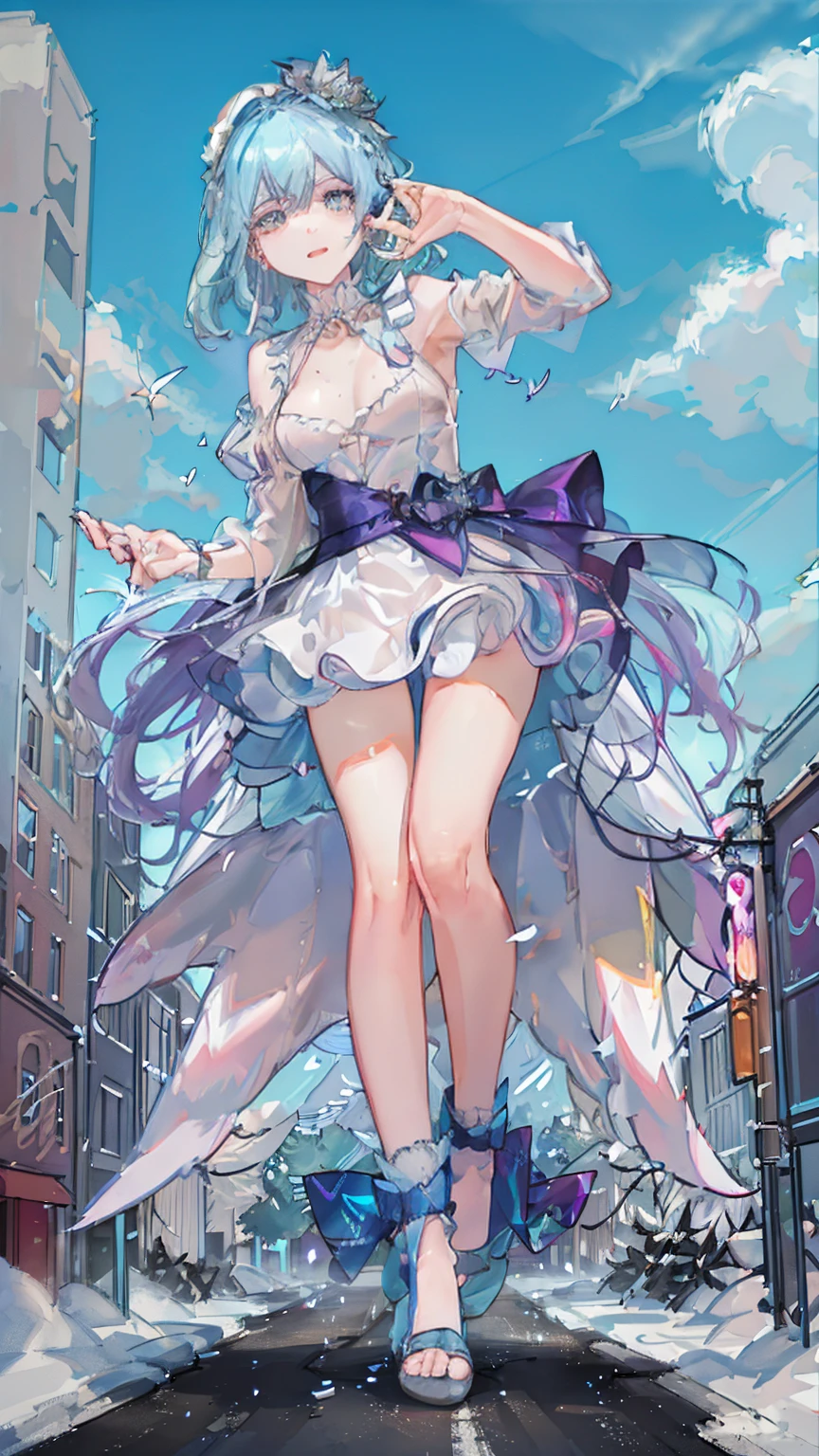 Amidst a neon-lit cityscape, seen from a busy intersection, the Giantess Goddess with translucent skin and multi-colored eyes moves with ethereal grace in a glowing, holographic dress. Normal-sized humans are caught in her path, their cries of pain and fear only fueling her otherworldly delight as she crushes them underfoot.

