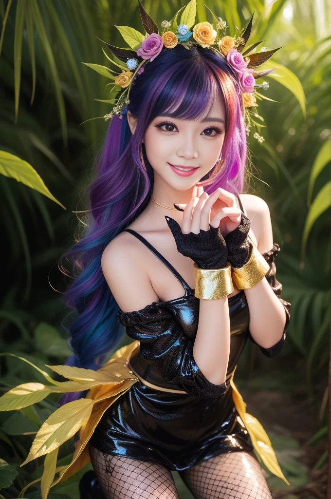 sexy golden princess who controls poison、beautiful smile、lipgloss、long lashes、intense makeup、look at the camera、full body Esbian、、sparkling poisoned flower costume、、、、shiny sparkling multicolor hair、secrete poison、skull hair accessories、fishnet tights、shiny sparkling dark magic forest background