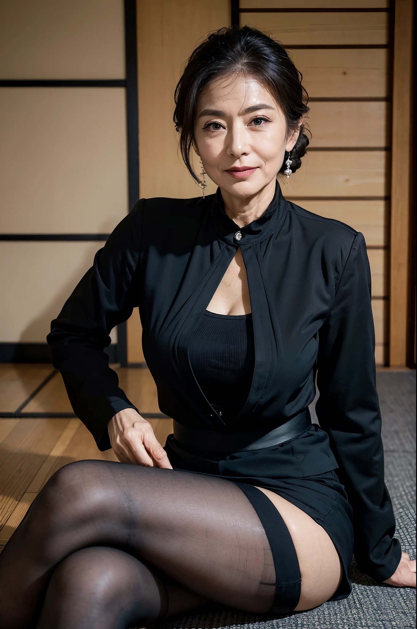 (masterpiece:1.4),(60-year-old woman:1.5),(Facial wrinkles : 1.2),(smirking : 1.1), (Updo : 1.1), (black suit), (black skirt), (black nylon tights : 1.1), Motherhood Mature Woman, (focus on legs : 1), on tatami, traditional japanese room, (smoking cigarettes : 1)