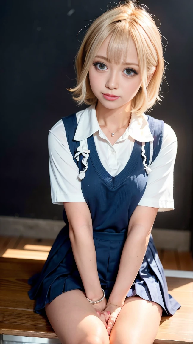 Heavy makeup,,smile,blonde,Wavy Short Hair,Japanese,Polo shirt,, Pleated skirt, Micro Mini Skirt, loafers, whole body,Beautiful thighs,Sitting,(Real schoolgirl:1.3),(Honor student),Classroom during lesson,Spread your legs,blue eyes:1.1,necklace、bracelet