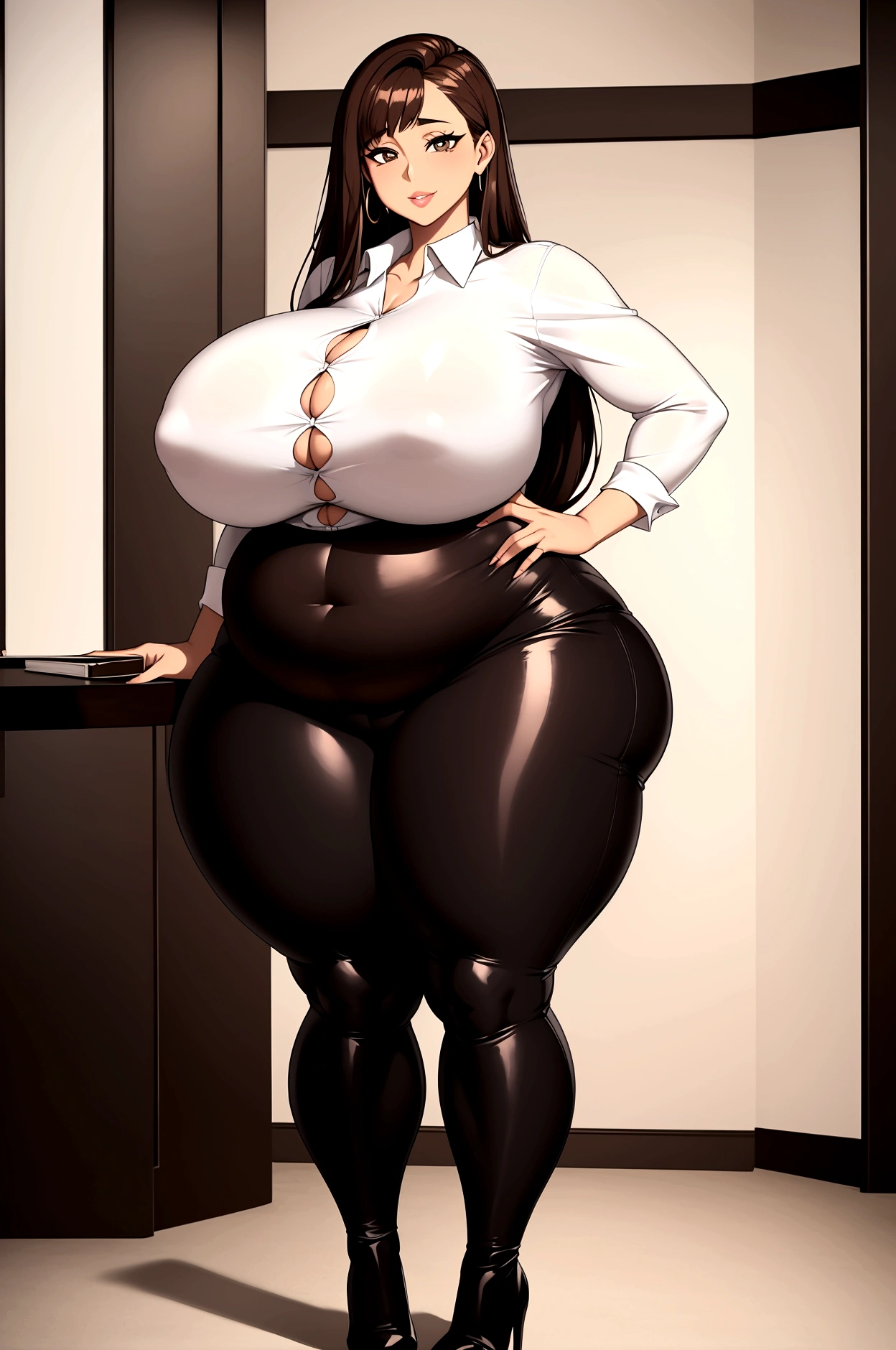 ((high aesthetic)), art by kipteitei, absurdres, absurd resolution, highly rated, highres, art by kipteitei, high resolution, best quality, masterpiece, full body, (facing viewer), 1girl, ((solo)), indoors, clothed, perfect face, perfect eyes, neneneji, tight outfit, smile, natural skin texture, 4k textures, hdr, intricate, highly detailed, puffy lips, thick lips, hyperdetailed, mature female, Brown hair, long hair, brown eyes, tan skin, white button up shirt, black skirt, weightimmobile(wide hips, massive thighs, bloated belly, big breasts, colossal ass), obese, plump
