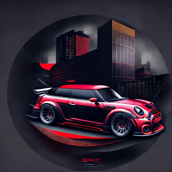 Circular t-shirt design, faded background edges, Classic London buildings background, swirly vibrant colors, Art for t-shirt graphic design, black and red roof colored glossy r56 Mini Cooper S, shocking colorful painting, swirly vibrant colors altamente detalhadas k, sharp high contrast high saturated , Aggressive pose, realistic realism sharp detailed ultrawide black and carbon fiber and deep color scheme front profile epic stance epic ultrawide body kit aggressive appearance vector image with faded backgrounds border
