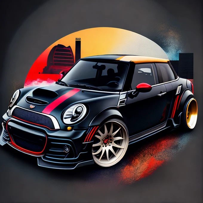 Circular t-shirt design, faded background edges, Classic London buildings background, swirly vibrant colors, Art for t-shirt graphic design, black and red roof colored glossy r56 Mini Cooper S, shocking colorful painting, swirly vibrant colors altamente detalhadas k, sharp high contrast high saturated , Aggressive pose, realistic realism sharp detailed ultrawide black and carbon fiber and deep color scheme front profile epic stance epic ultrawide body kit aggressive appearance vector image with faded backgrounds border